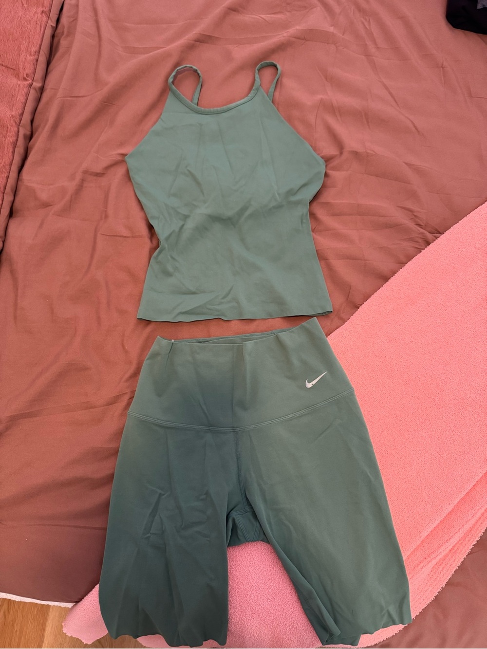 Nike Olive Green Dri-FIT Crop Top and Bike Shorts Set